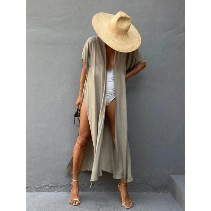Swimsuit Cover Ups for Women Beach Cape Tunic Kimono Summer Belted Split Wrap Dresses Pareo Holiday Bathing Suits Factory Supply
