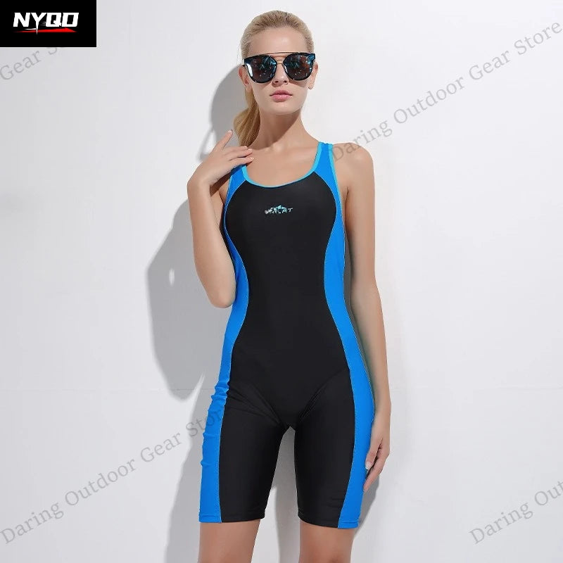 Women's One-Piece Racing Swimsuit, Athletic Quick-Dry Sleeveless Swimsuit with Shorts for Hot Spring & Diving