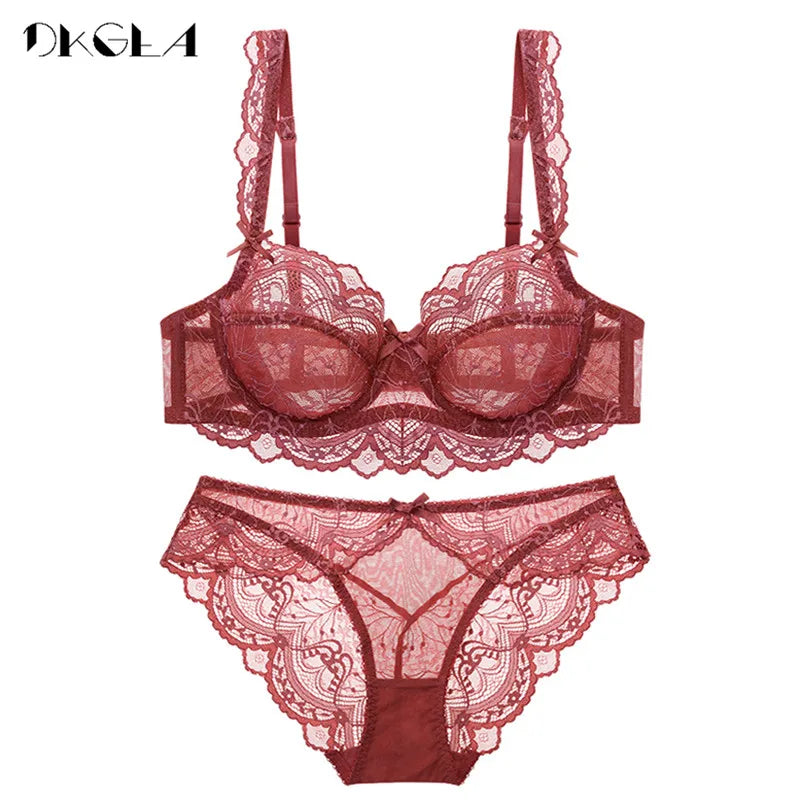 Ultrathin Bra Panties Sets Transparent Brassiere Sexy Underwear Set Plus Size D E Cup Embroidery Women Lingerie Set Lace Bras