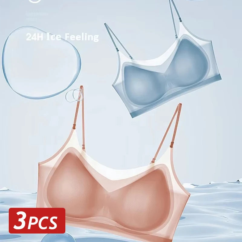3PCS Ultra-Thin Breathable Ice Silk Bras Women's Seamless Back Halter Vest Wrap Bras Chest Gather Together Light Breathable Tops
