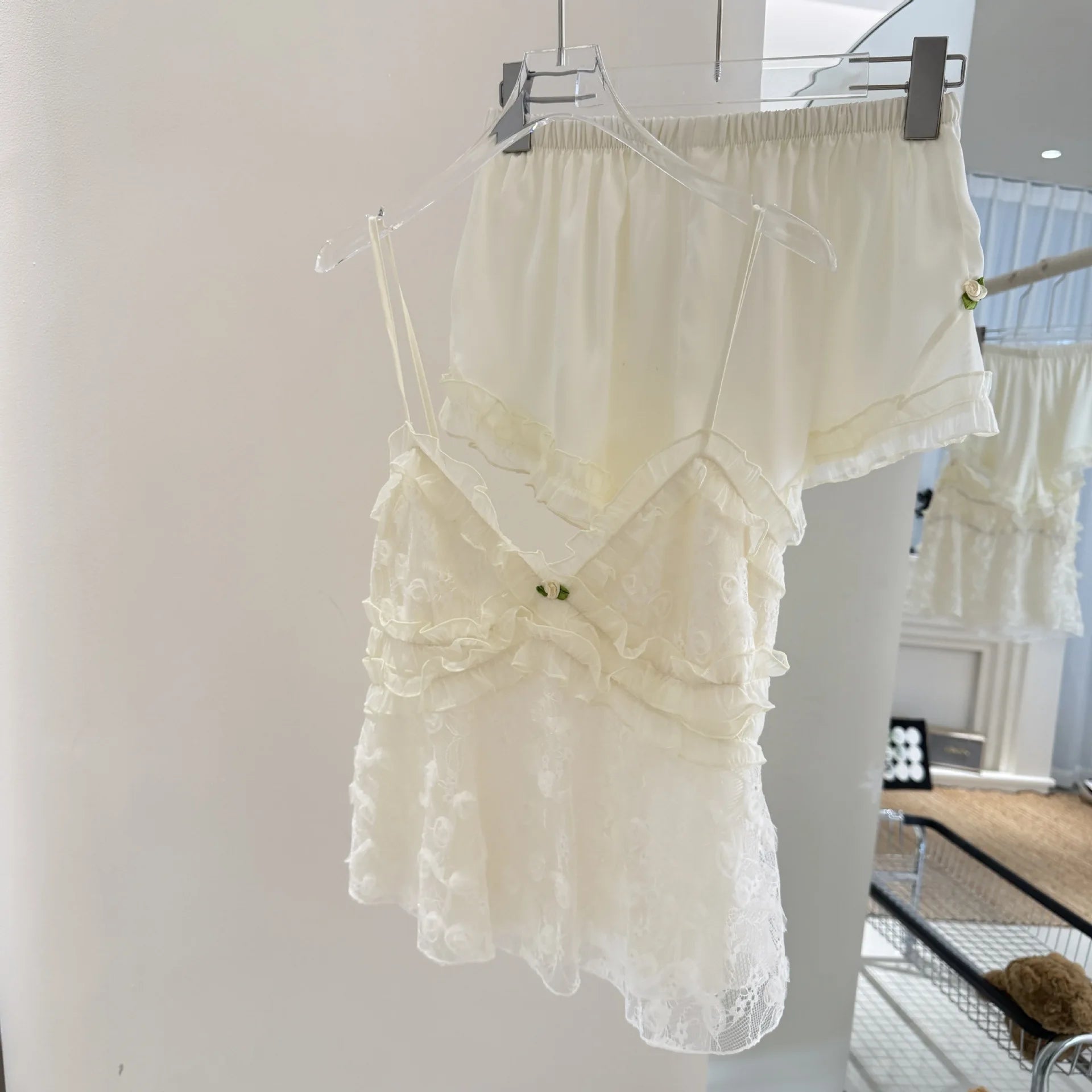 Sexy Perspective Lace Suspender Pajamas Set Intimate Lingerie Summer Women Sleepwear Loungewear Silky Satin Pyjama Homewear