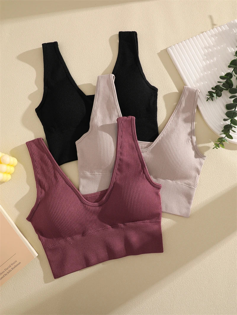 Sports Yoga Women's Bra Ribbed Shockproof Fitness Workout Bralette Sexy Elastic Backless Underwear Push-Up Bra Sportswear Tops
