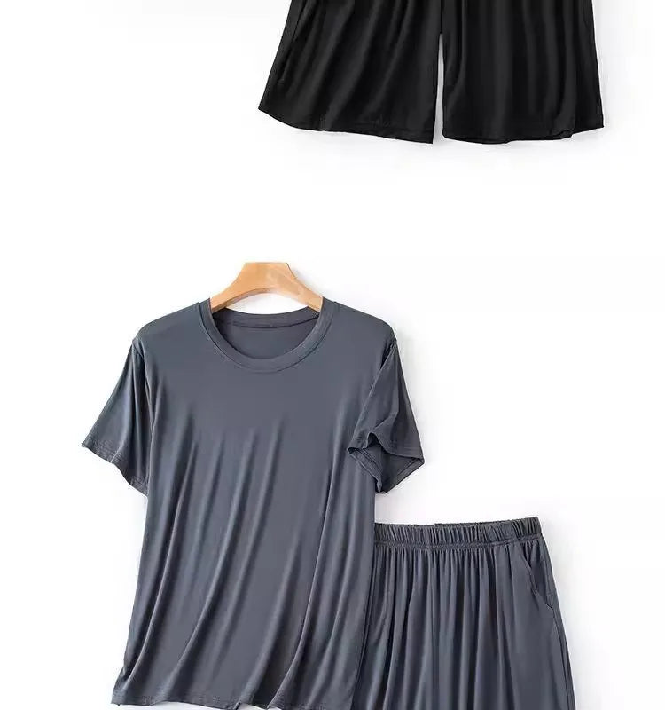 Modal Pajama Set Men's Round Neck Pajama Set for Summer Casual Wear Solid Color Loose Short Sleeved Shorts Two-piece Set Male