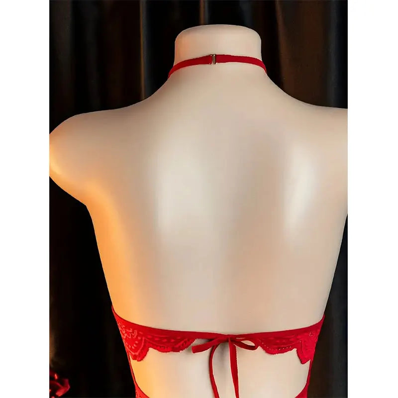 Red Hanging Neck Lingerie Adult Erotic Costume Deep V Bra Crotchless Woman Underwear Sex Night Open Dress Bodysuit Sexy Jumpsuit