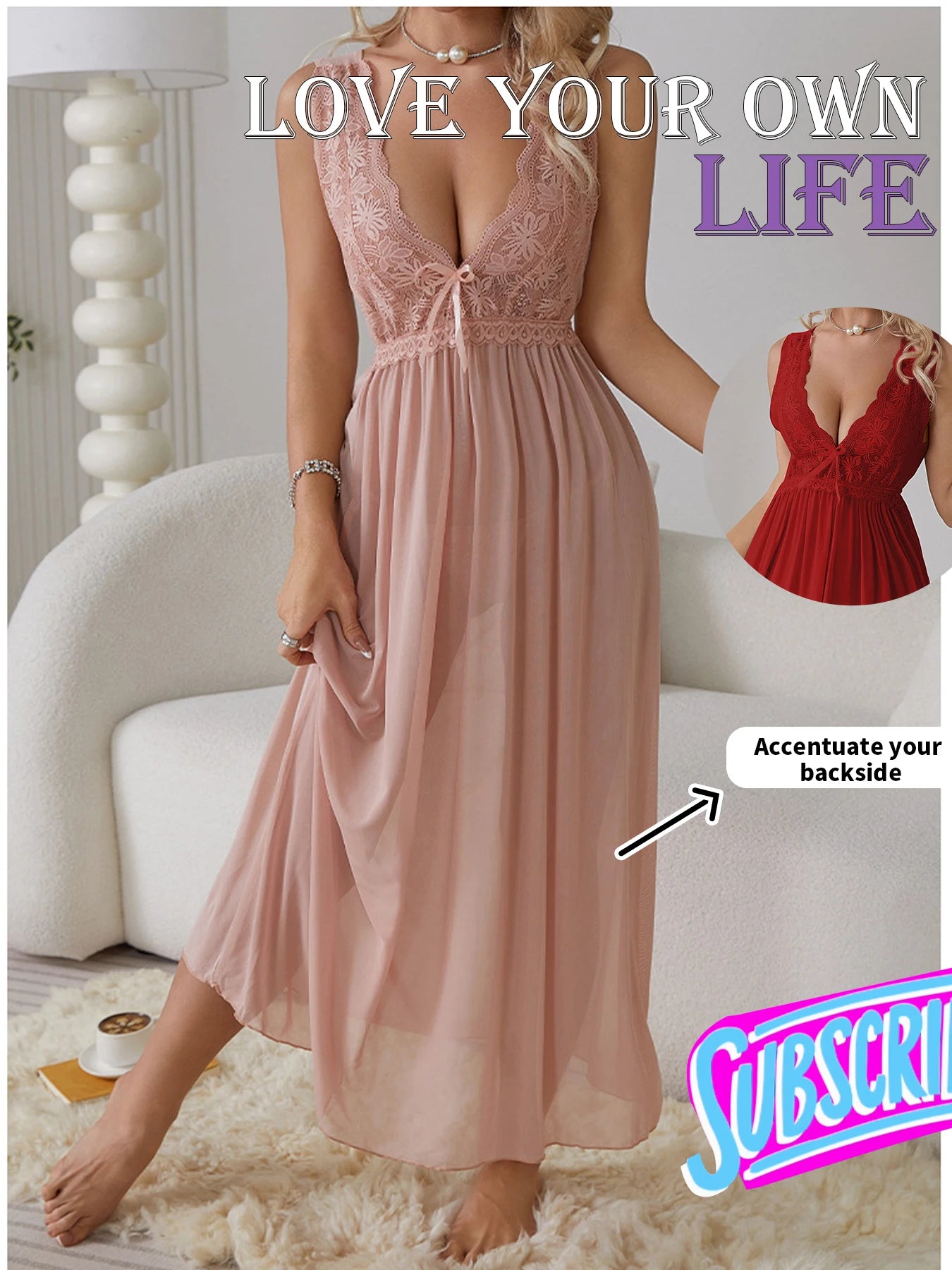 Sexy Women Lingerie Dress Set Lace Splicing Mesh Long Deep V Backless Nightgown Set Homewear All Season