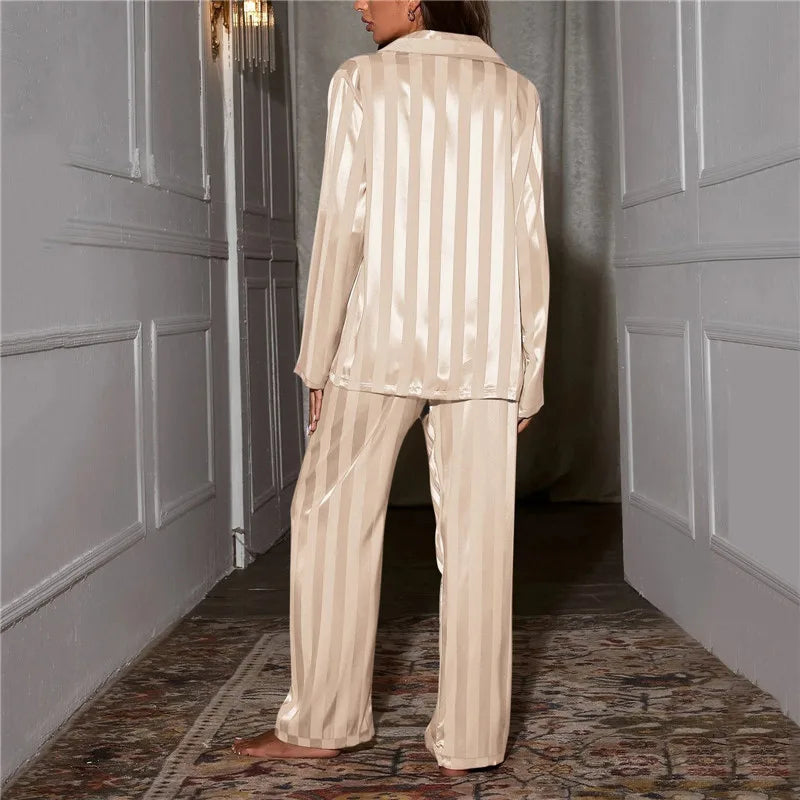 Women's striped pajama set, solid French silk satin pajamas, two piece set, comfortable home pajamas