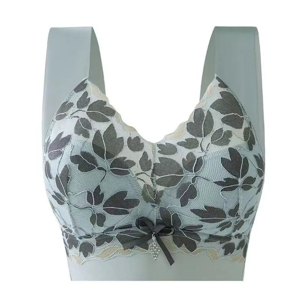Breathable Leaf Lace Deep V Bras Zircon Bowknot Push Up Bras Shockproof Gathered Breasts Brassiere for Women Girls