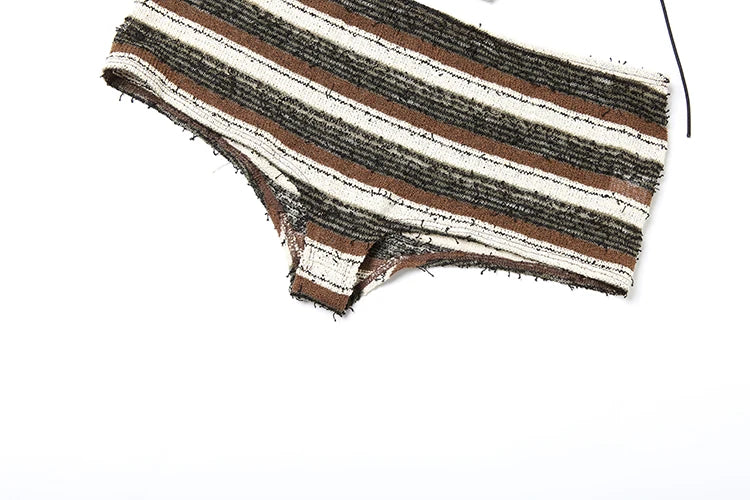 kliou Stripe Bandage 3 Piece Set Women Summer Swim Outfits Halter Cleavage V-neck Bikini Tops+Underwears+Pleated Skinny Shorts