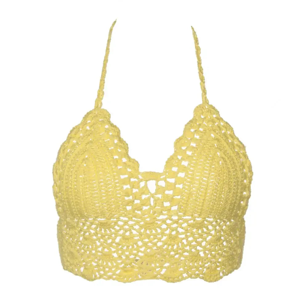 New Sexy Bikini Crop Top Crochet Boho Beach Camisoles Bikini Bralette Halter Cami Knitted Bra Women Backless Beachwear Tank Top