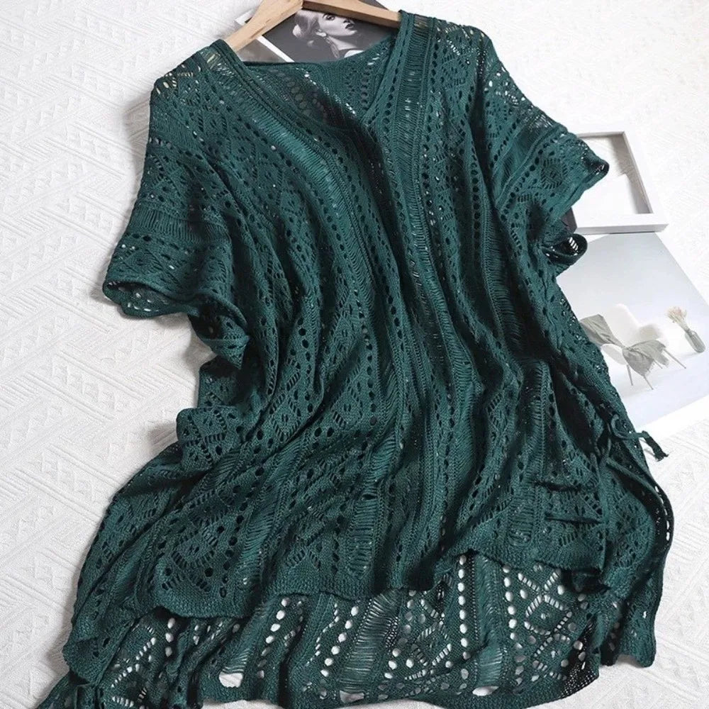 Leisure Oversized Hollow Out Swimsuit Cover Up V-neck Loose Knitted Bikini Cover Up Bohemian Style Mesh Beach Wear Summer