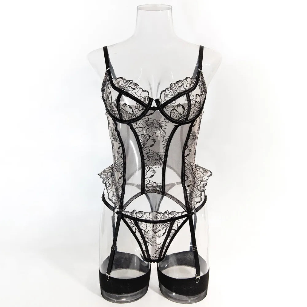 Willowy Women's Lingerie Sets Elegant Miss Corset Thong 2PC with Stockings Slim Floral Fishbone Ruffled Intimate Kit