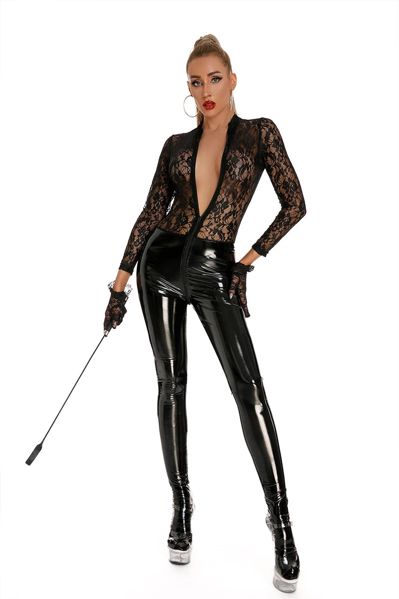 Sexy See-Through Lace Pu Bodysuit Ladies Leather Latex Catsuit Lace Splice Lingerie Underwear Jumpsuit Erotic Skinny Bodysuit