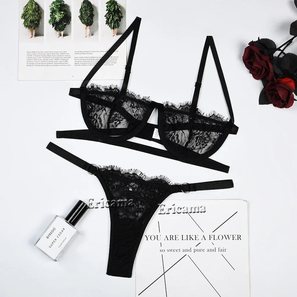 Lenceria Babydoll Sexy Bra And Panty Set Lingerie Intimates Women Lace Transparent Open Bra Hollow Out Underwear Erotic Costumes