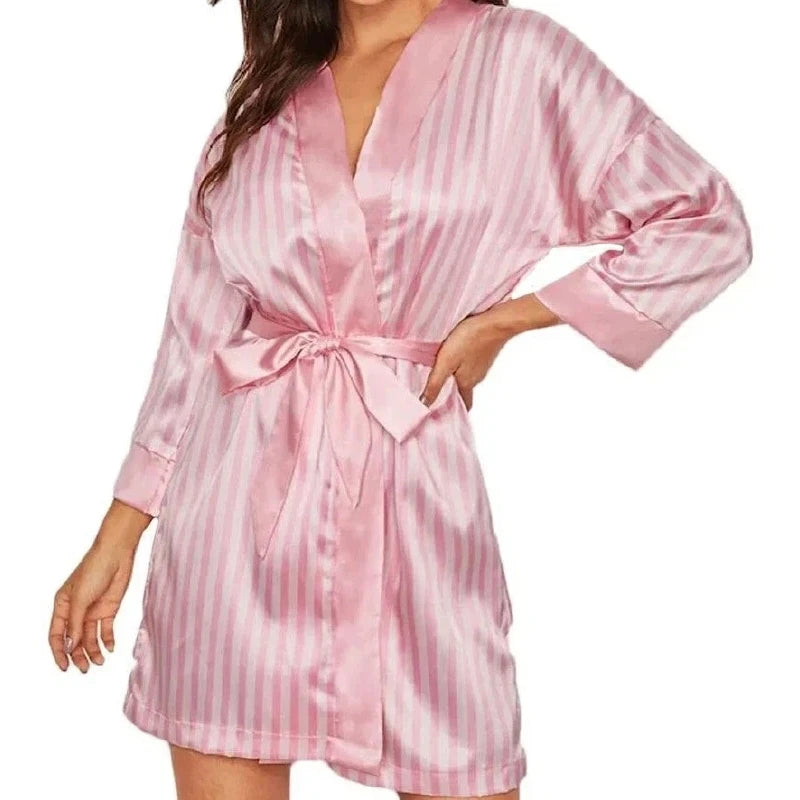 Women's Sexy Lingerie Robe Pink Striped Satin Short Nightwear Bathrobe Sleepwear Homewear Bridesmaid For Ladies Pajama party