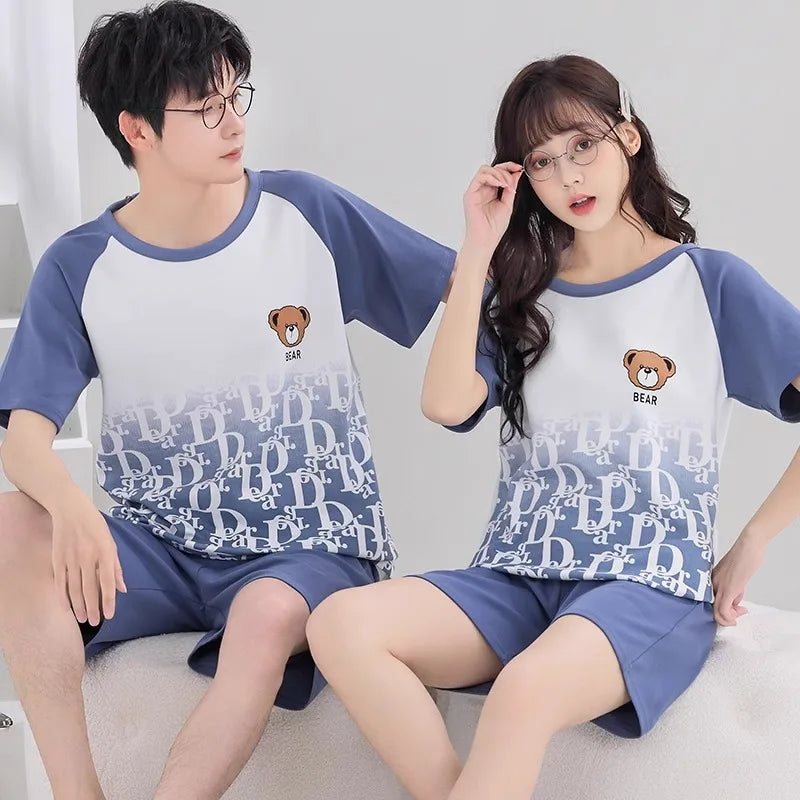 Lovers Pajama Set Cotton Cartoon Cute Nightwear For Men Women Homewear Plus Size Summer Thin Pyjamas Couples Pjs Loungewear
