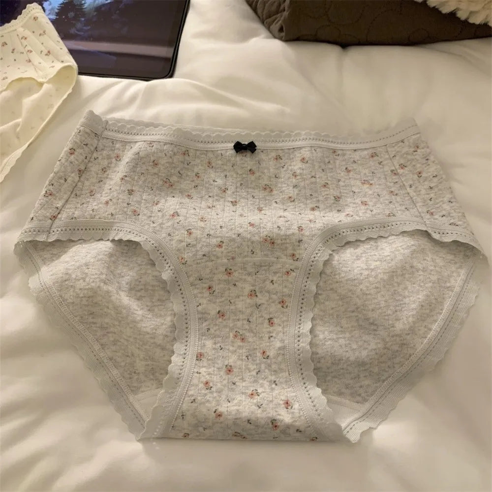 Lingerie Mid-waist Underwear for Women Bear Grid Sweet Floral Panties Underpants Bow Cotton Briefs Lady