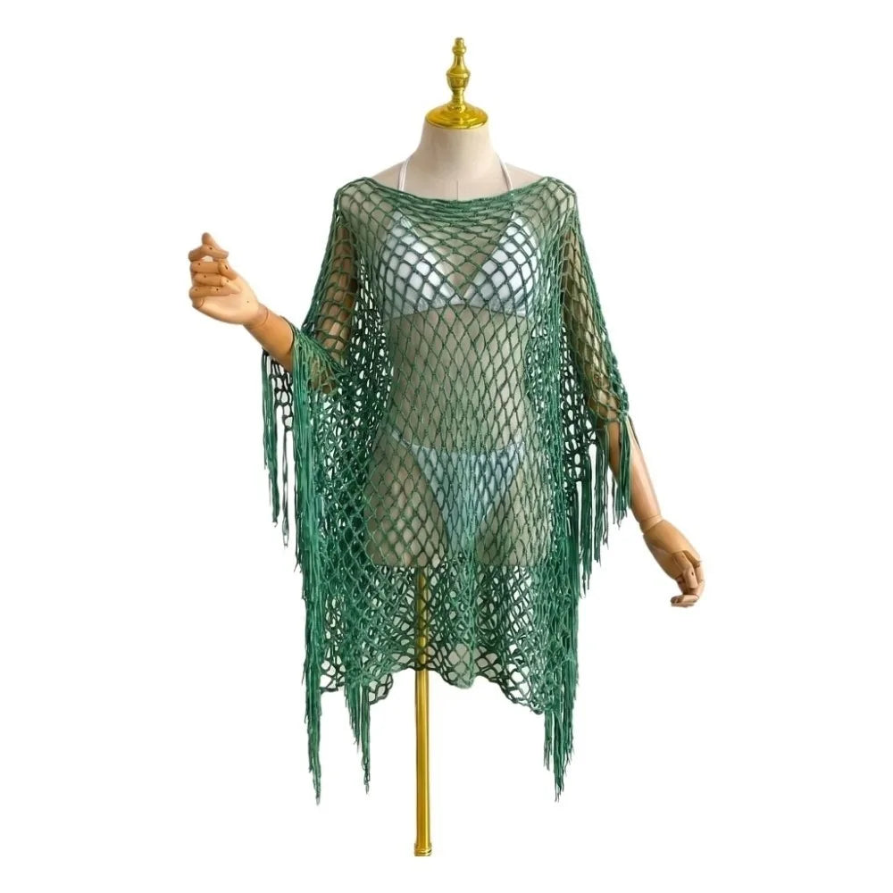 Fashion Tassel Sunscreen Cover-up Loose Fit Plus Size Bohemian Shawl Casual Crochet Fishnet Swimsuit Cover Up Summer