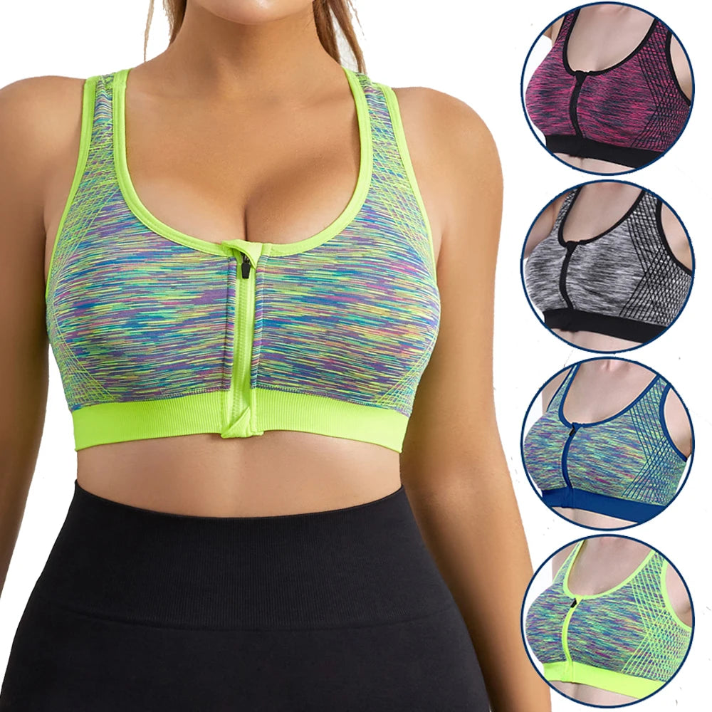 Women Sports Bra Front Zipper Sports Bra Breathable Shock-proof Underwear High Impact Yoga Bra Running Fitness Workout Tank Tops