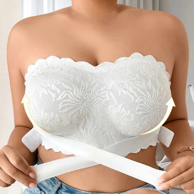 Strapless Bra 5XL Plus Size, Invisible Stick On Bustier with Lace & Adhesive, No Slip Backless Bra for Wedding Dress