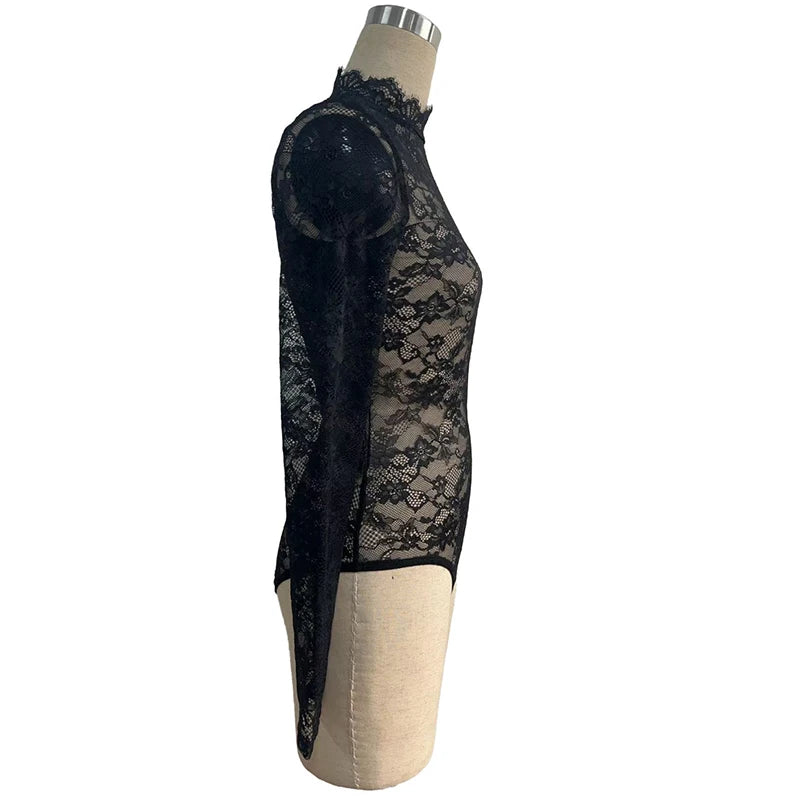 Sexy Lace Bodysuits For Women Fashion Clubwear Long Sleeve Slim See Through Romper Female Jumpsuit Lady Playsuit White Shirt