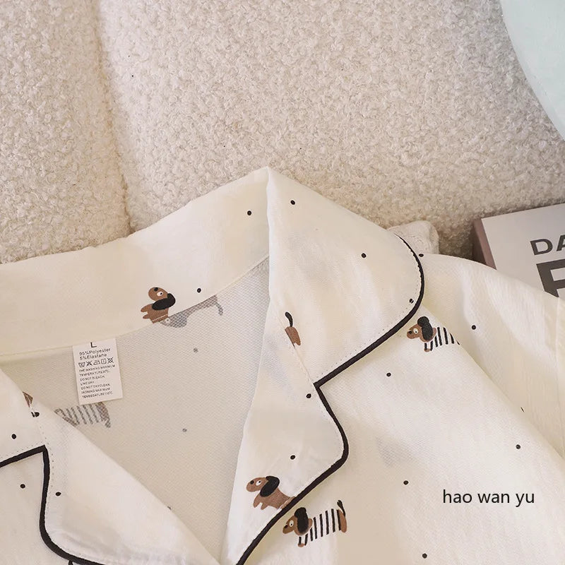 Pajama for Women Short Sleeves with High Luxury Feel Suitable for Outerwear Home Clothing Set Nightwear Homewear Small Dog Print