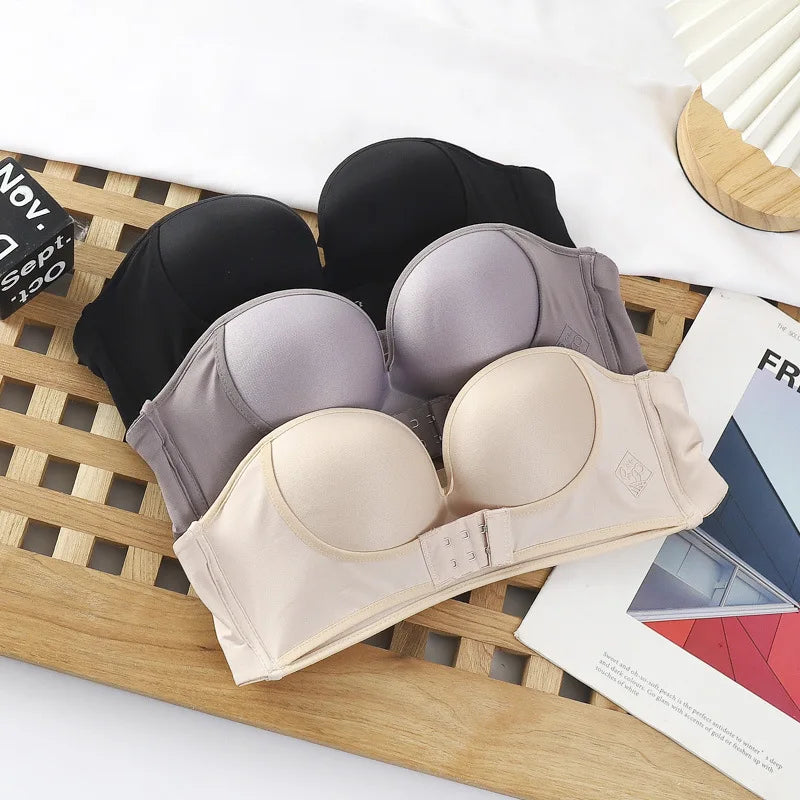 Strapless Non Slip Invisible Bra for Women Front Closure Adjustable Push Up Bra Bralette with Breathable Gather Backless Bra