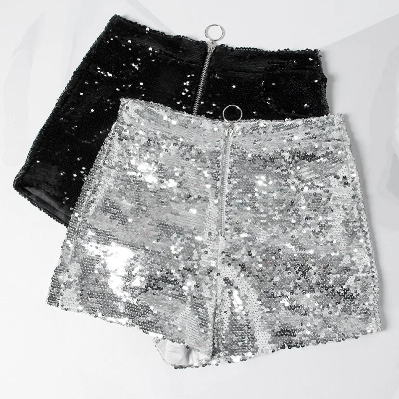 Sexy Women Sequin Shorts Summer High Waist O-Ring Zip Bodycon Shorts Feminino Skinny Party Club Festival Raves Pole Dance Shorts