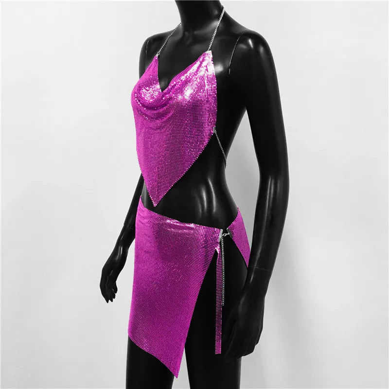Sexy Metal Sequins 2 Piece Set Women Sleeveless Deep V Neck Backless Halter Tank Tops Split Mini Skirts Beach Party Outfits