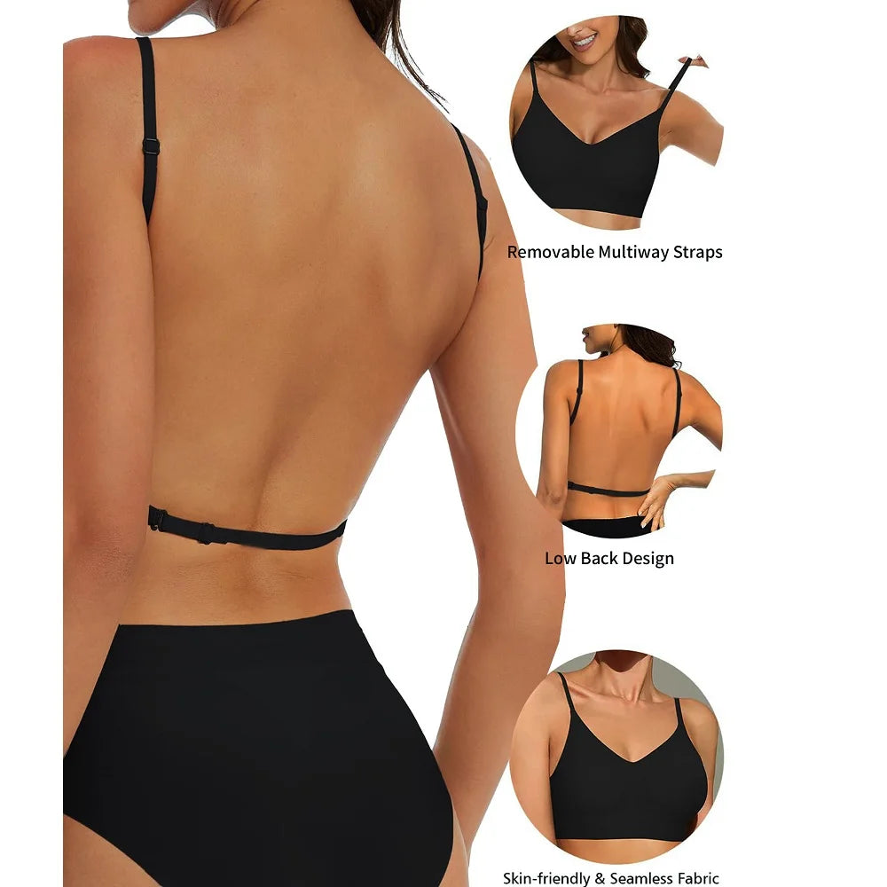 Women Invisible Bra Deep U Plunge Backless Bras Top for Dresses Removeable Padded Push Up Seamless Underwear Bra