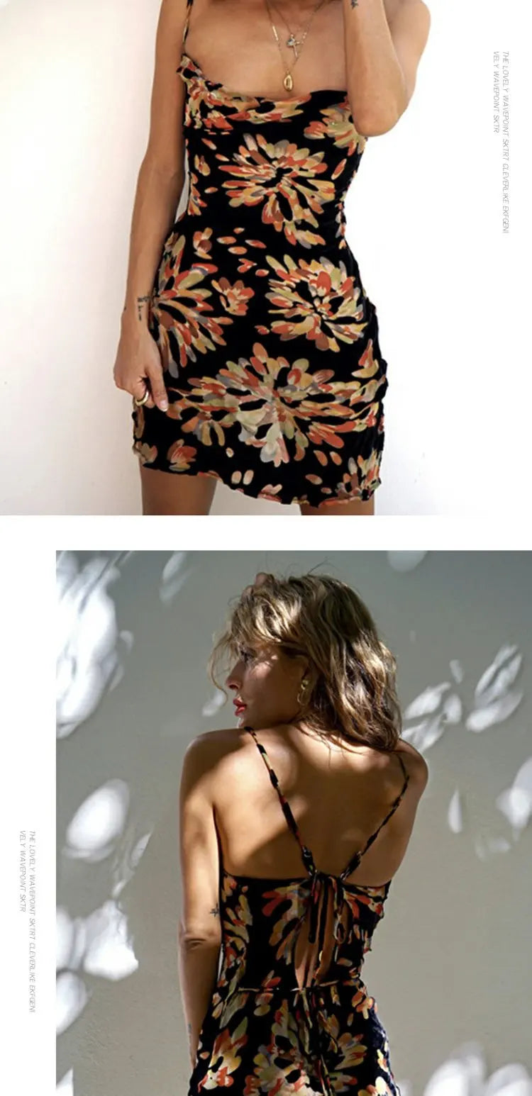 Naturaleye Sexy Backless Elastic Printed  Skirt Dress Women's Short Dress Summer 2025 New Style No Sleeve Ultra Short