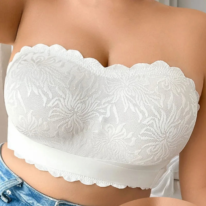 Strapless Bra 5XL Plus Size, Invisible Stick On Bustier with Lace & Adhesive, No Slip Backless Bra for Wedding Dress