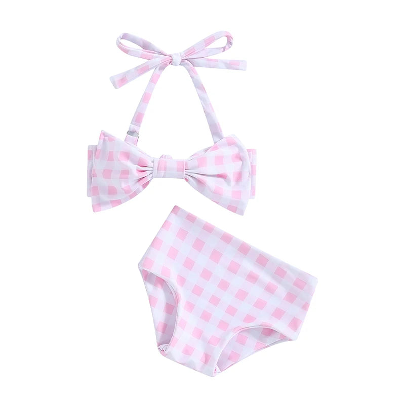 1-6Y Little Girls Bikini Sets Flower/Plaid Print Sleeveless Bow Bikini Tops with Shorts 2024 Summer Baby Swimsuit Kids Beachwear
