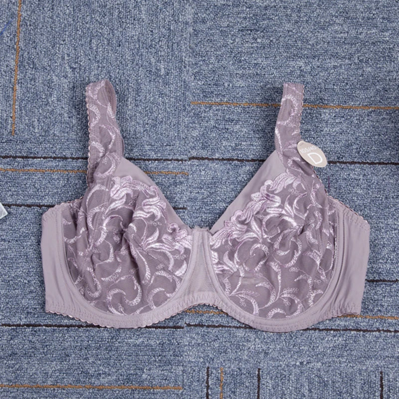 Breathable Minimizer Bra for Women Full Coverage Non Padded Underwire Female Lace Floral Embroidery Lingerie 36 38 40 42 B C D