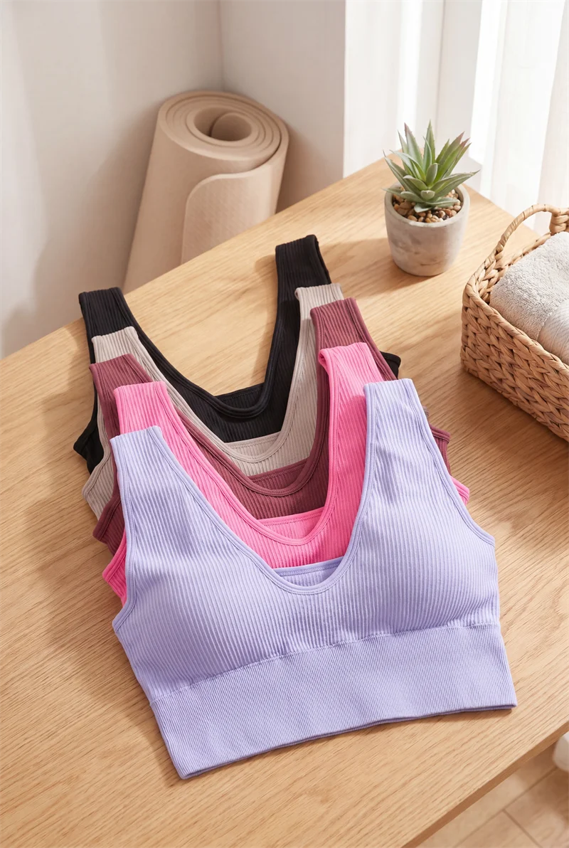 Sports Yoga Women's Bra Ribbed Shockproof Fitness Workout Bralette Sexy Elastic Backless Underwear Push-Up Bra Sportswear Tops