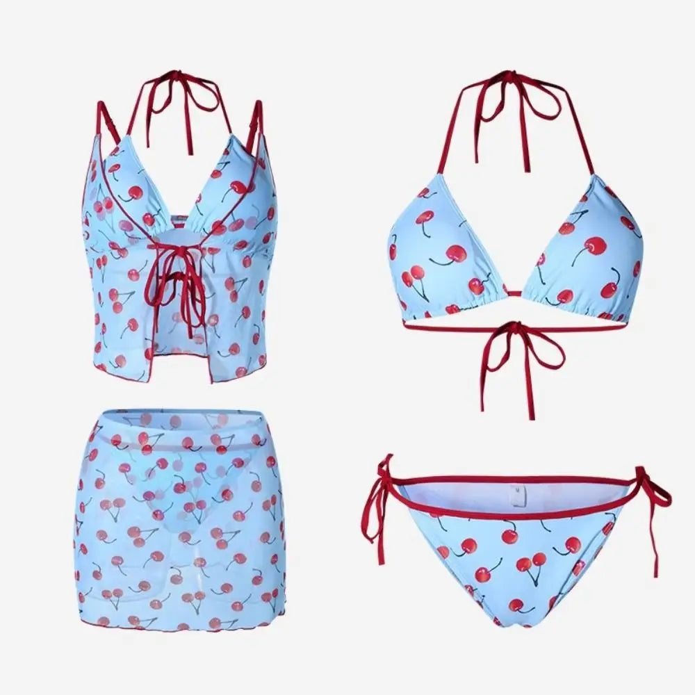 Cover-Ups Pure Color Cherry Bikini Set Push Up Mesh Lace Up Four Piece Set Print Pattern Wrap Skirt Sexy Swimwear Beach Wear