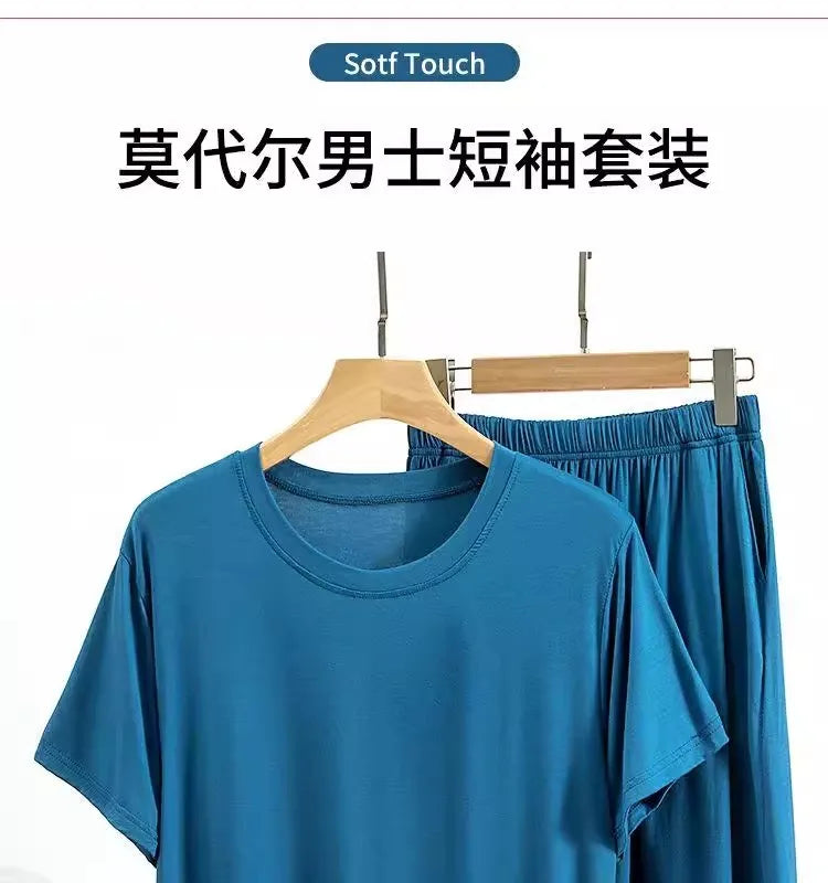 Modal Pajama Set Men's Round Neck Pajama Set for Summer Casual Wear Solid Color Loose Short Sleeved Shorts Two-piece Set Male
