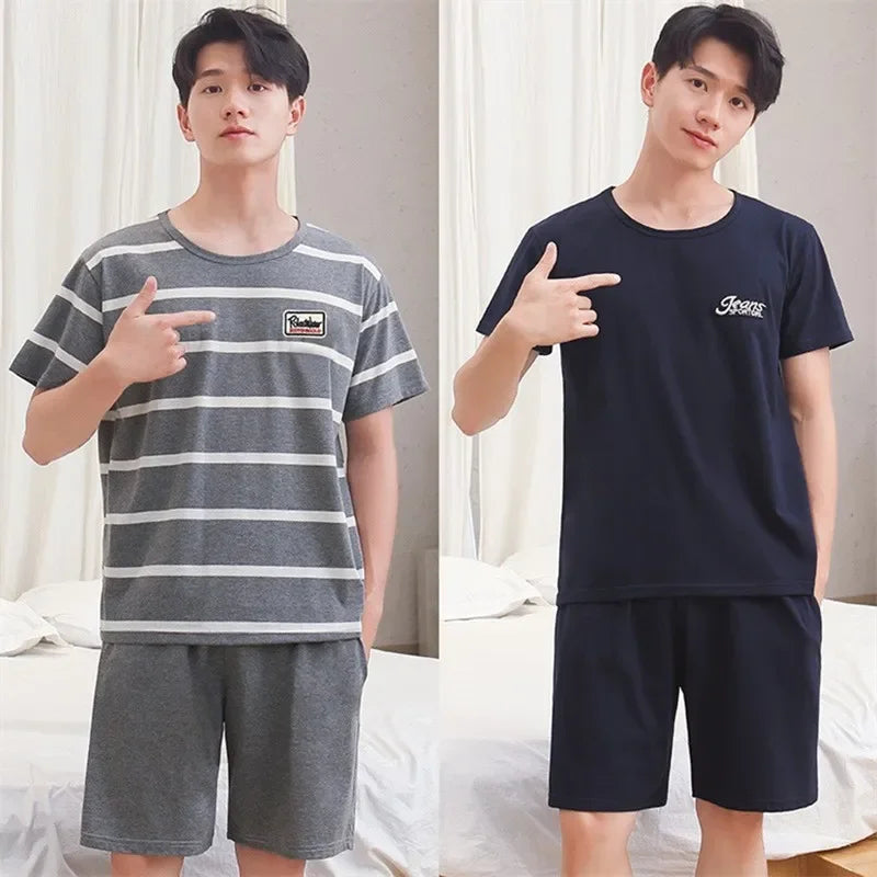 Men Pajama Set Cotton Short Sleeve Shorts Casual Striped Nightwear Loungewear Two-Piece Set Plus Size Summer Man Sleepwear