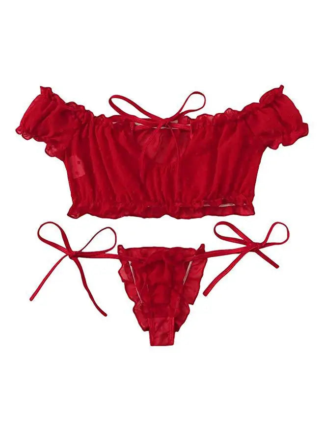 Women's Sexy Lingerie Set Mesh Lace Ruffle Cute Dot Transparent Bra and Panty Wireless Thong Bandage Exotic Sets