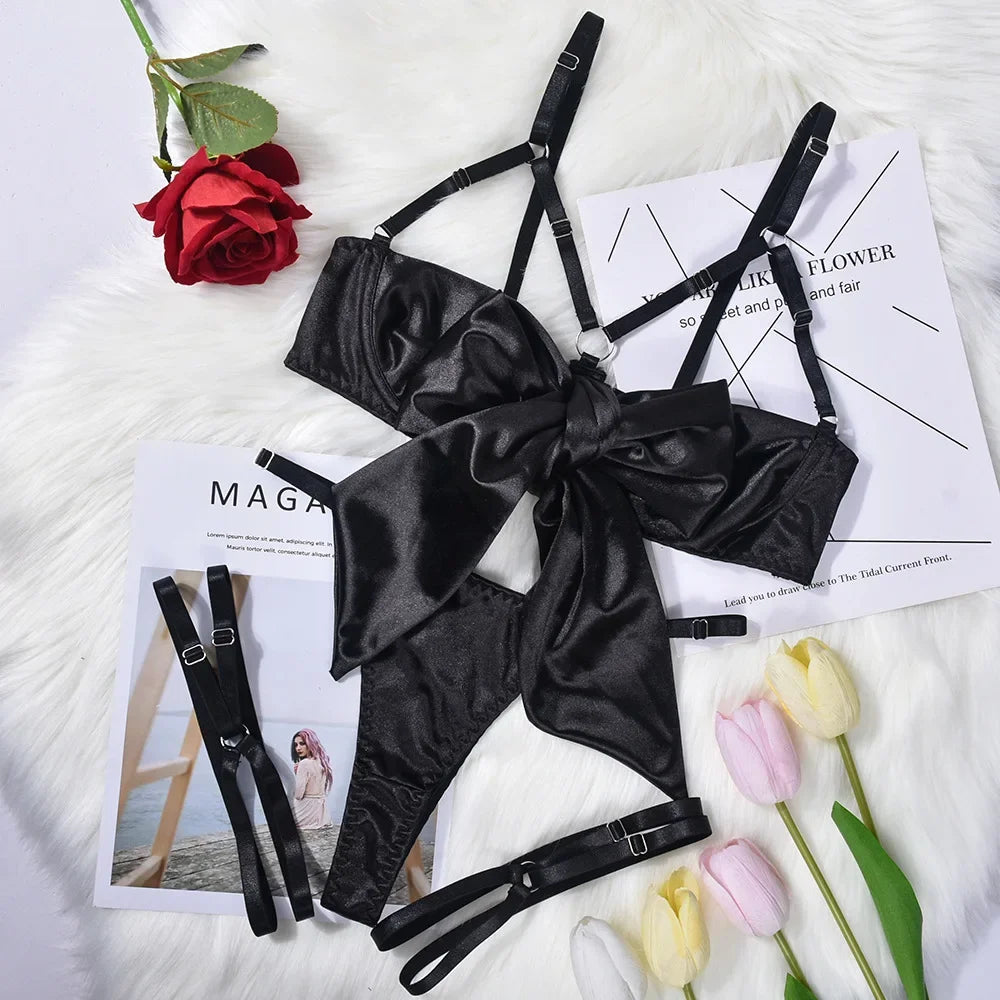 Hot Sexy Lingerie Women's Erotic Lace Satin Sexy Bodysuit Women's Bow Sleepwear Sexy Bra Panties Set Babydoll Exotic Pajamas