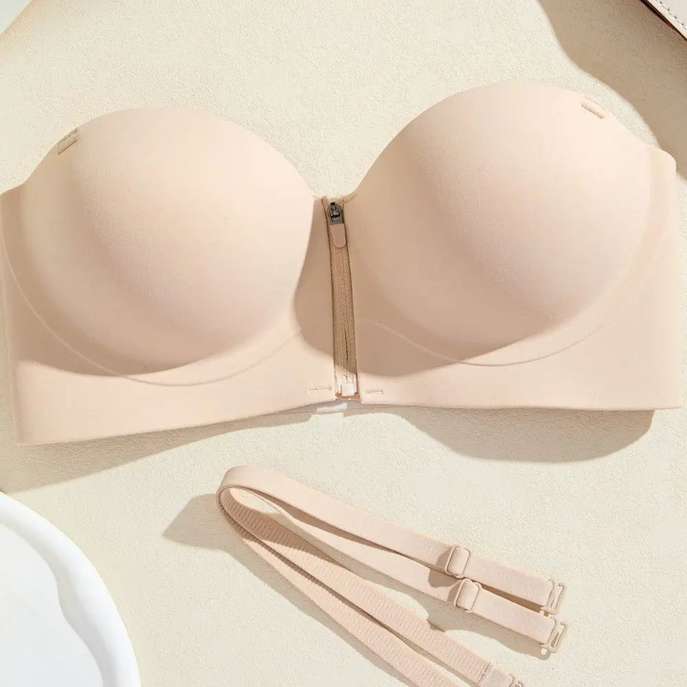 12cm Push-Up Plunge Front-Zip Bra: Strapless Sticky Adhesive Padded Minimizer, Lift & Shape for Small Chest, Seamless Comfort