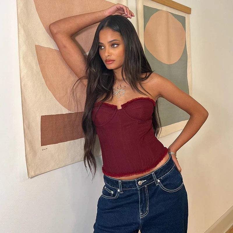 Women Sheer Lingerie Streetwear Lace-up Bustier Corset Tops Slim Backless y2k Tank Top Strapless Striped Sheath Sexy Camisole