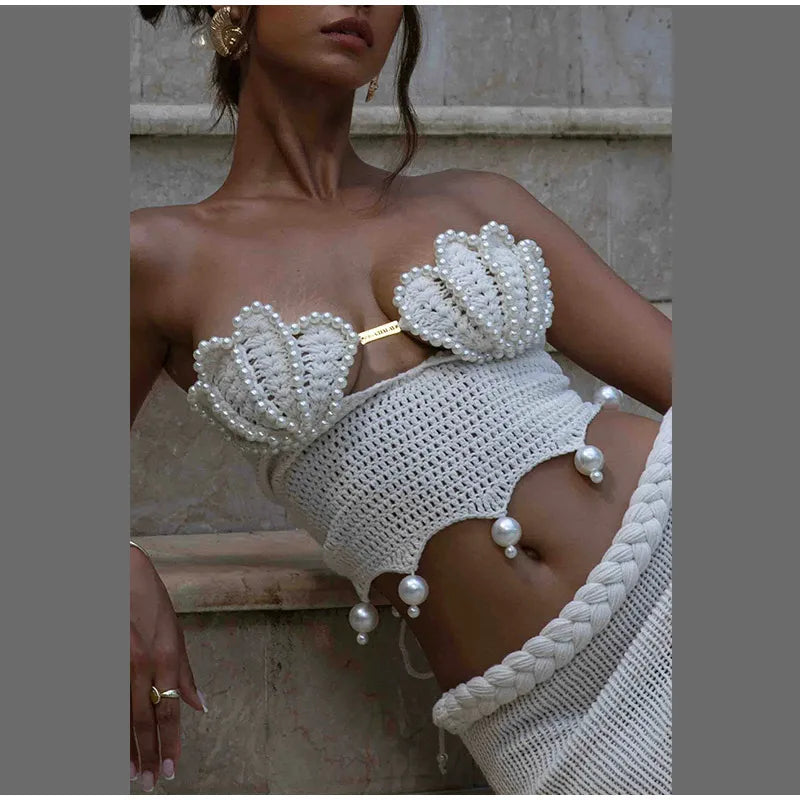 Sexy Crochet Hollow Out Pearl Skirt Set Women White Crop Bikini Tops Slim Hip Package Skirts 2026 Spring Lady Beach Outfits New