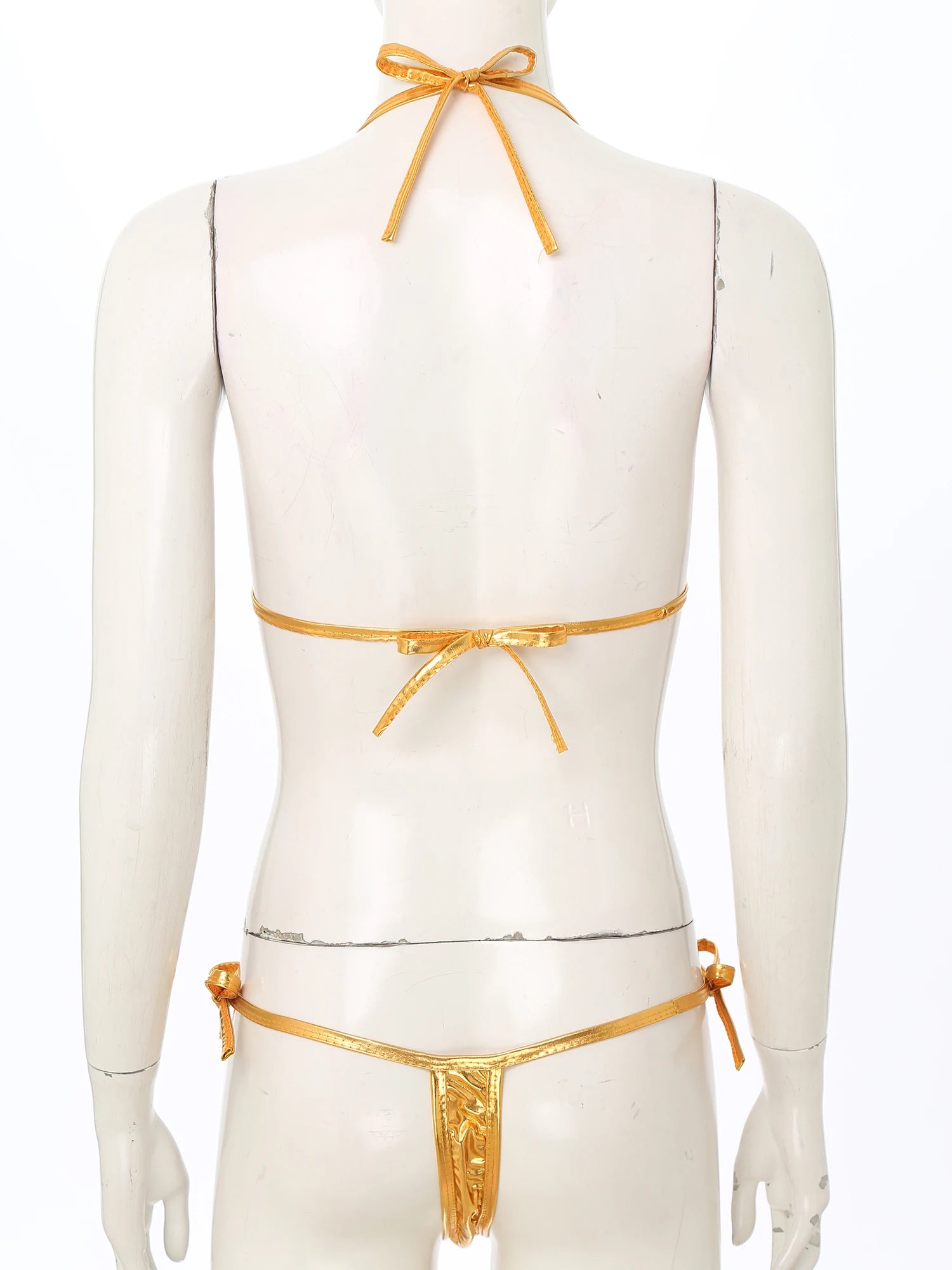 Womens Brazilian Micro Bikini Swimsuit Biquini Set Lacing Non-Padded Triangle Cup Bra Top with G-String Metallic Shiny Swimwear