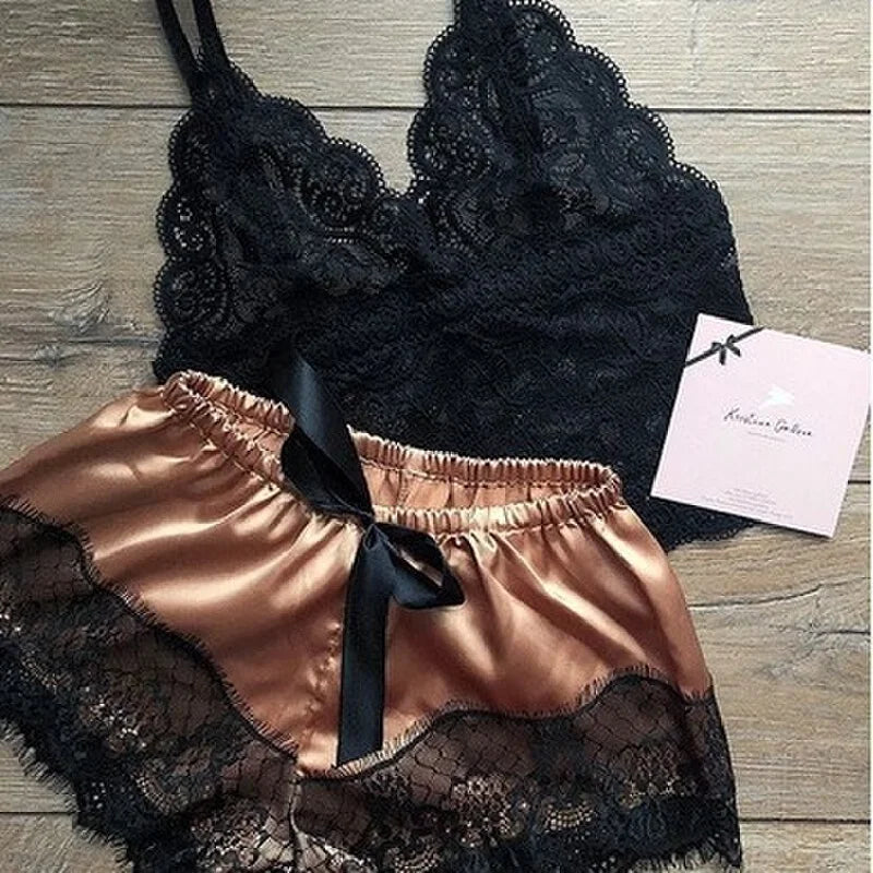 Mengya Women Lace Satin Two Piece Lingerie Set Spaghetti Strap Camisole Silky Lace Trim Shorts Nightwear European American Style