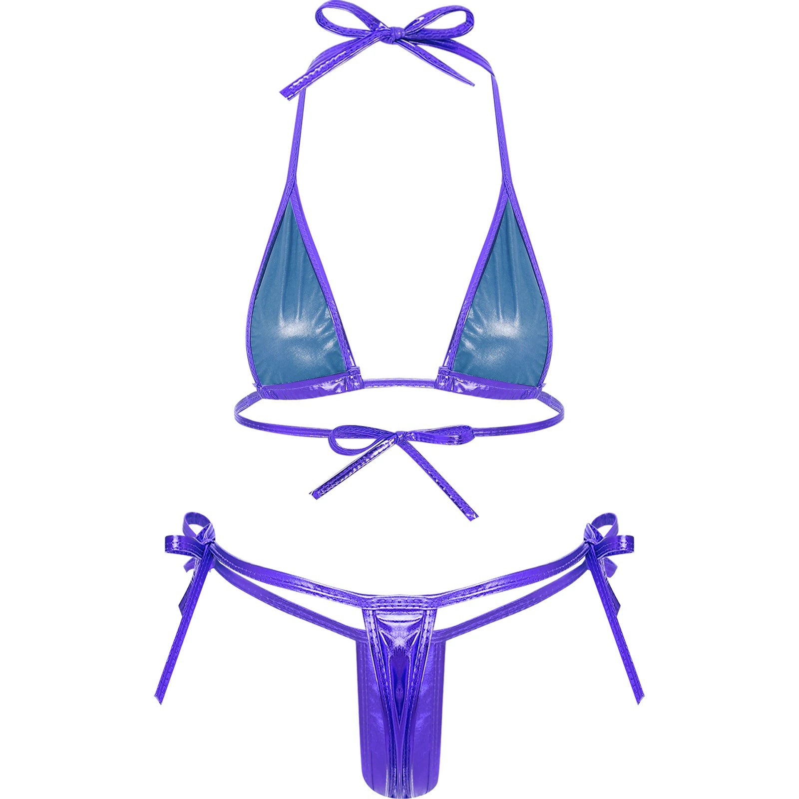 Womens Brazilian Micro Bikini Swimsuit Biquini Set Lacing Non-Padded Triangle Cup Bra Top with G-String Metallic Shiny Swimwear