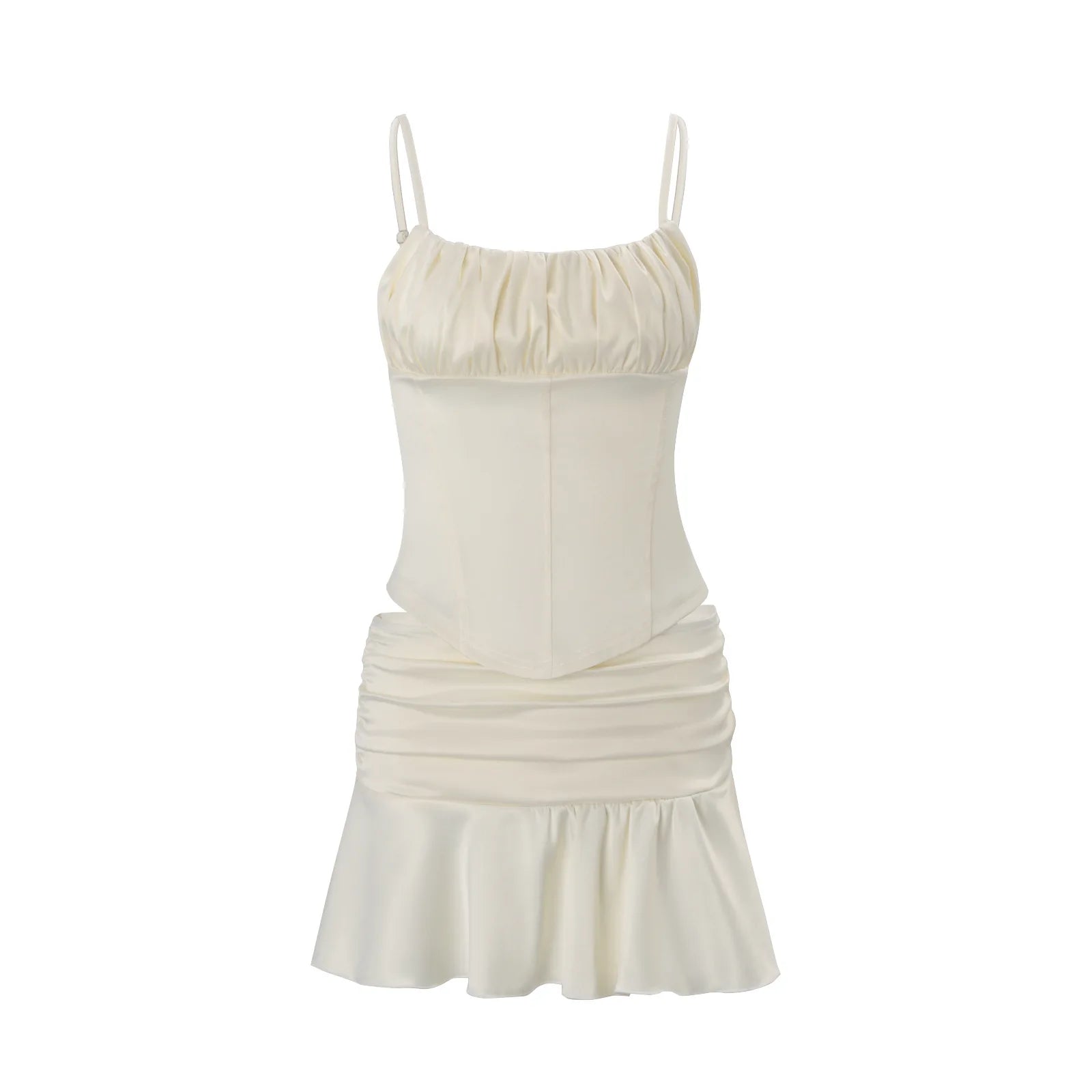 Elegant Women's Matching Sets Two Piece Outfits 2 Pieces Set For Woman French Slim Top Skirts Ruffles Solid Color Straps Pleated