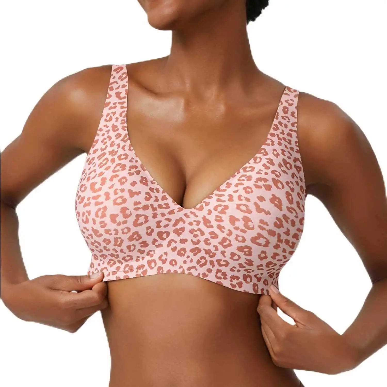Wireless Seamless Leopard Bra Women's Full Coverage Thin Cup with Soft Support Breathable Fabric Comfortable Plus Size Fit