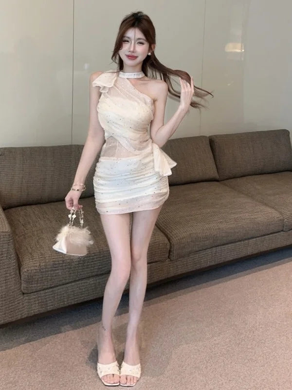 Sexy Sweet And Spicy Shoulder Bared Neckline Sleeveless Dress with Mesh See through Sparkling Sequin Splice Bodycon Short Skirt