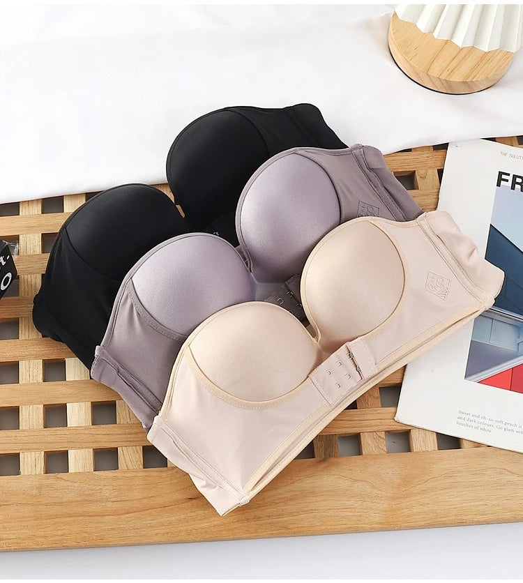 Strapless Non Slip Invisible Bra for Women Front Closure Adjustable Push Up Bra Bralette with Breathable Gather Backless Bra