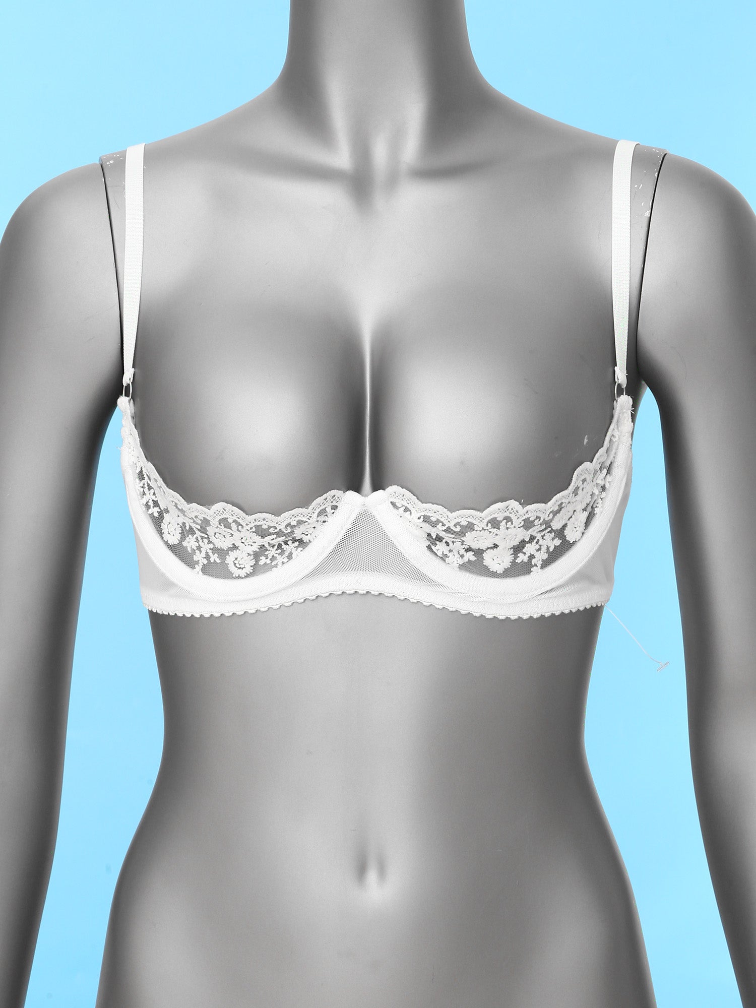 Women's Sheer Lace Lingerie Sexy Half Cup Bare  Breast Underwire Push Up Bra Tops Adjustable Straps Unlined Brassiere